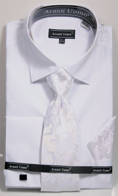 "White Men's Weave Pattern French Cuff Dress Shirt Set with Tie & Hanky" - 15Â½ 33/34