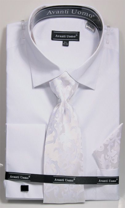 "White Men's Weave Pattern French Cuff Dress Shirt Set with Tie & Hanky"
