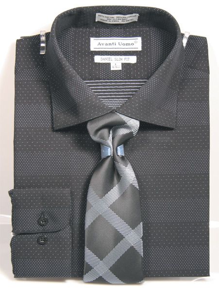 "Black Mini Dot Men's Dress Shirt & Tie Set - Spread Collar Style"