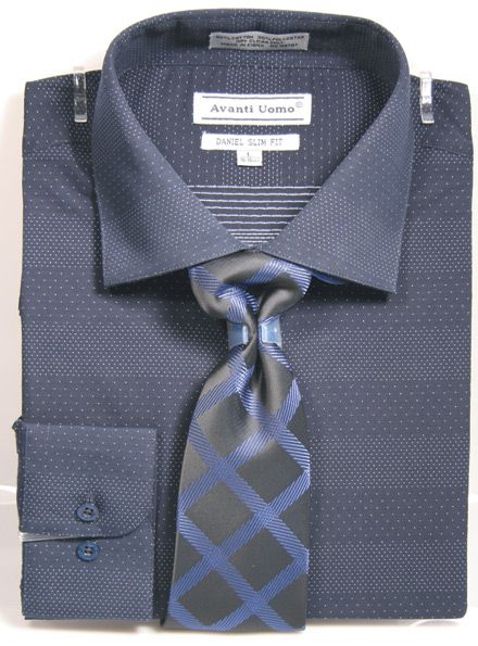 "Mini Dot Men's Dress Shirt & Tie Set, Spread Collar - Navy" - S
