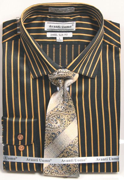 "Men's Slim Fit Pinstripe Dress Shirt & Tie Set - Bold Black & Gold"