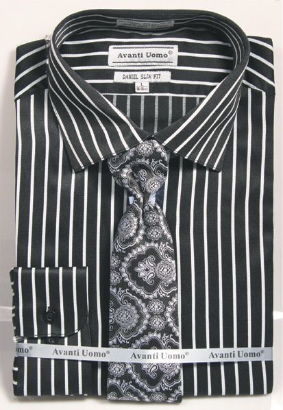 "Men's Slim Fit Pinstripe Dress Shirt & Tie Set - Bold Black & Silver"