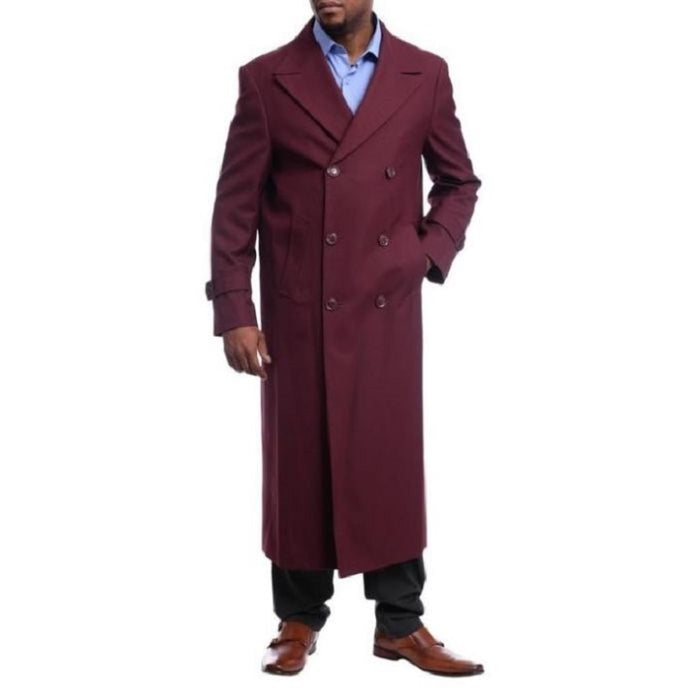 Mens Red Overcoat Trench coat -  Diamond Burgundy Wool Double Breasted