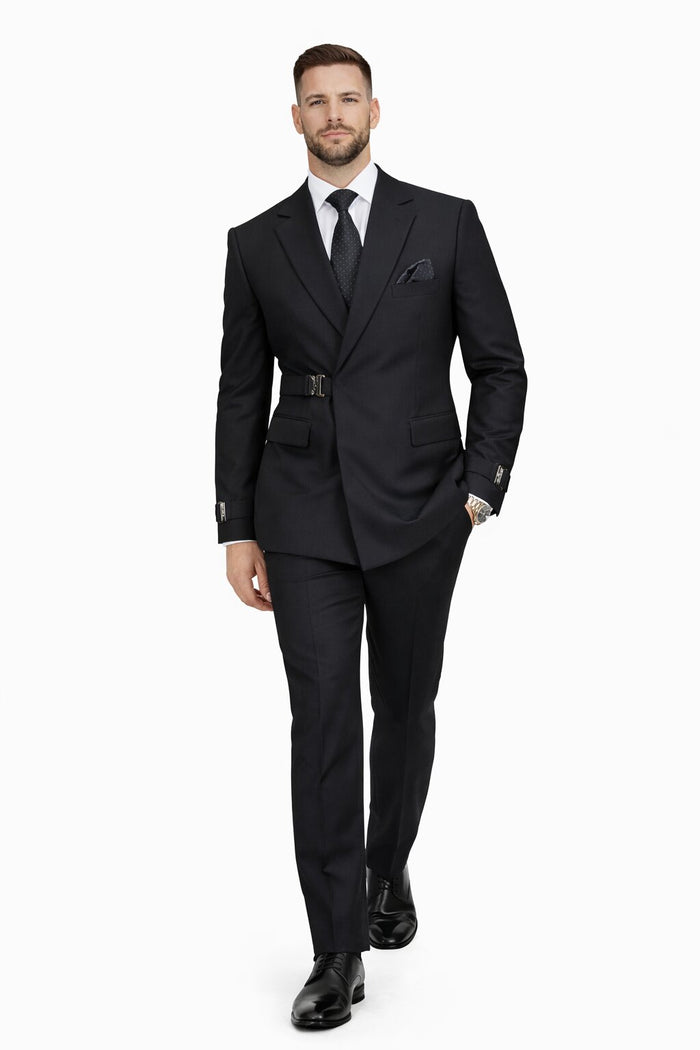 Mens Black Double Breasted Wool Suit with Metal Buckle Closure