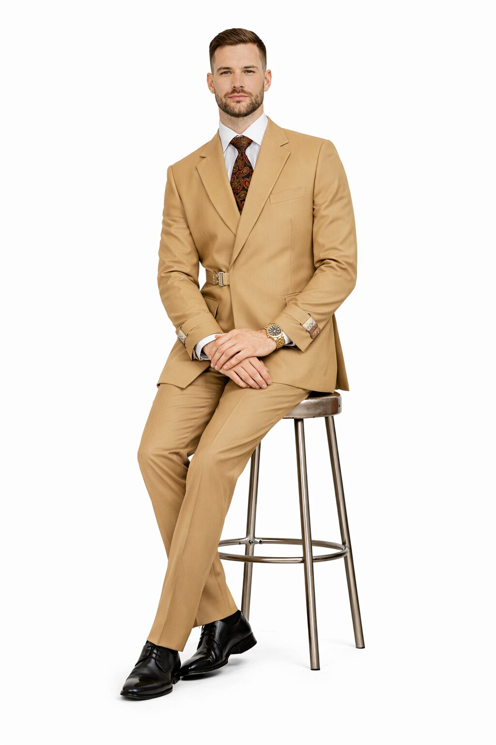 Mens Camel Double Breasted Wool Suit with Metal Buckle Closure