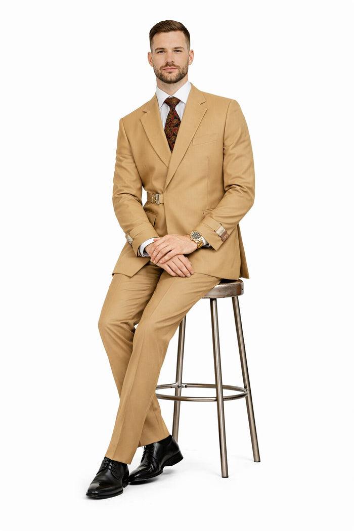 Mens Camel Double Breasted Wool Suit with Metal Buckle Closure
