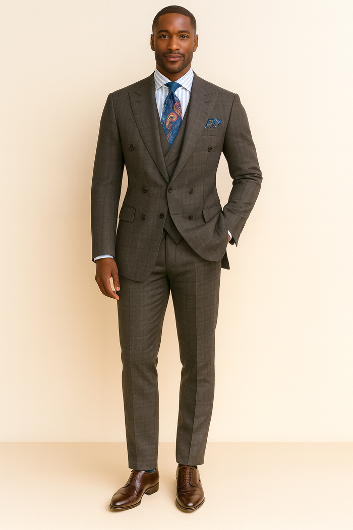 Double Breasted Suits - Vested Suits Wool Fabric - Apolo King Brand - Gray Plaid Suit - New Arrival