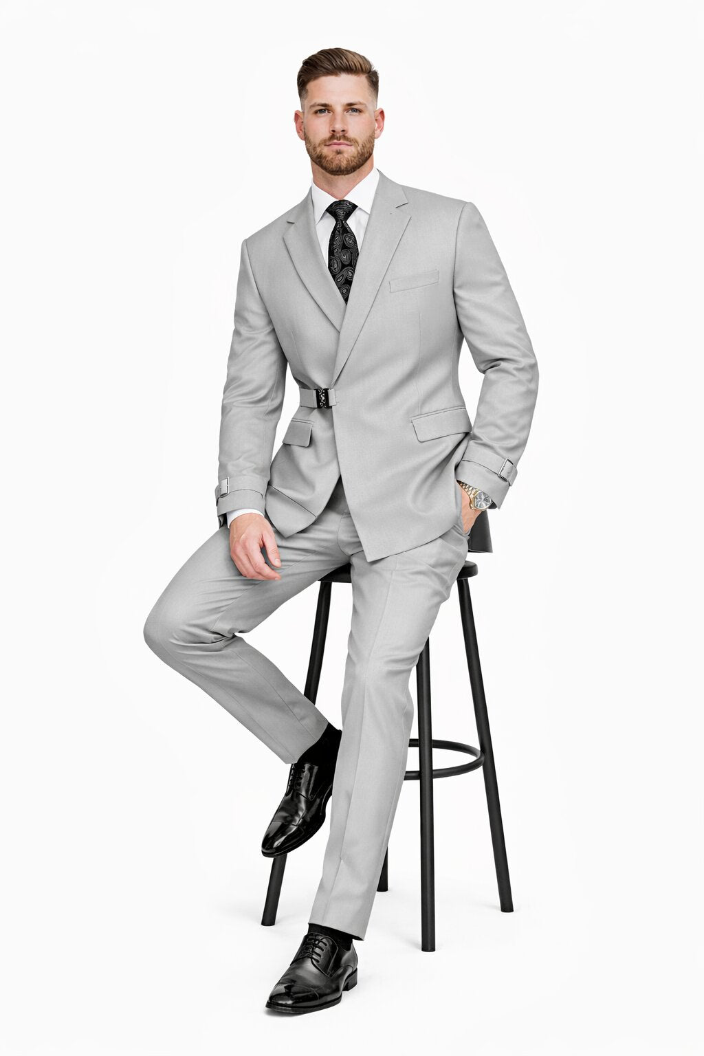 Mens Light Grey Double Breasted Modern Designer Tailored Fit Wool Suit with Metal Buckle Closure