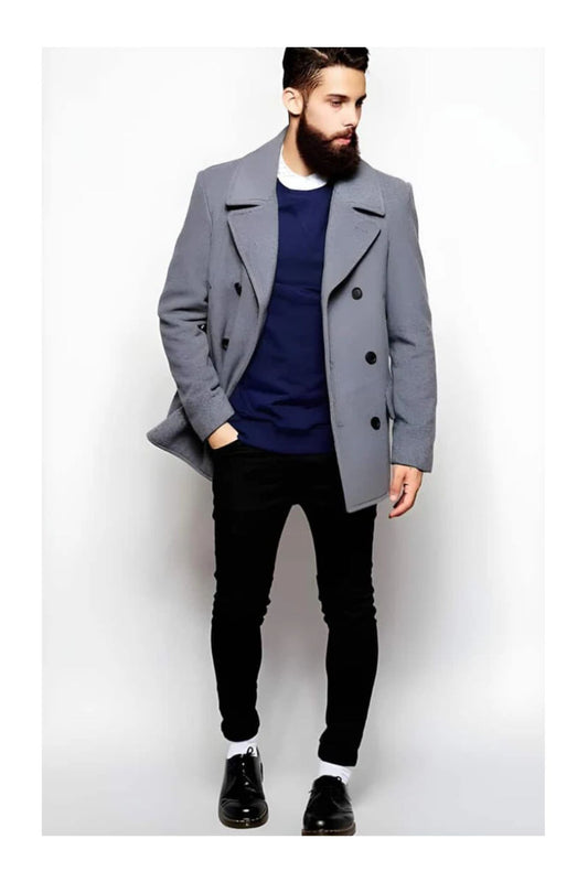 Double Breasted Light Grey ~ Wine Wool Coat ~ Car coat ~ Designer men's Wool Peacoat Sale