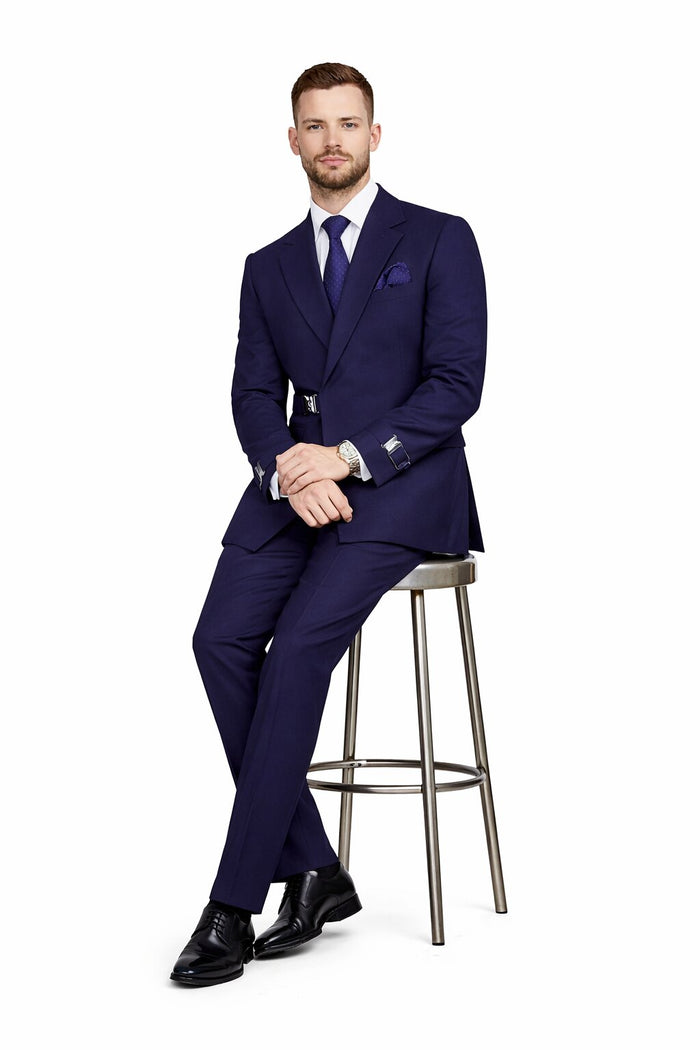 Mens Navy Blue Double Breasted Wool Suit with Signature Buckle Closure Designer Tailored Fit