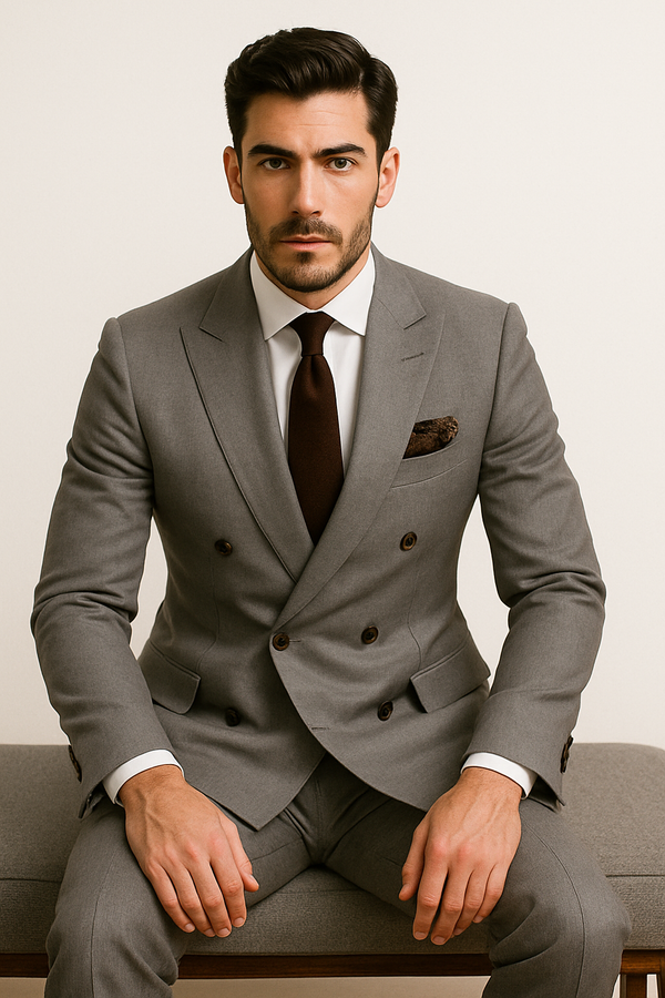 42 Double Breasted Slim Fit Suit - Dark Gray Suit - Tapred Fit Pants