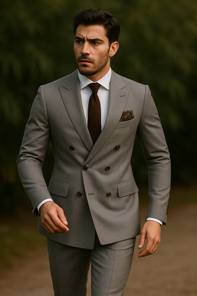 GREY TEXTURED DOUBLE BREASTED SLIM FIT SUIT main image 1