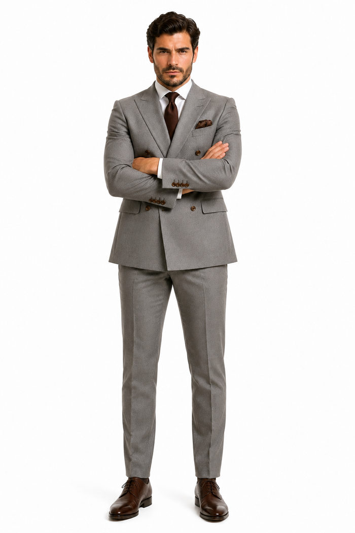 Double Breasted Slim Fit Suit - Dark Gray Suit - Tapred Fit Pants
