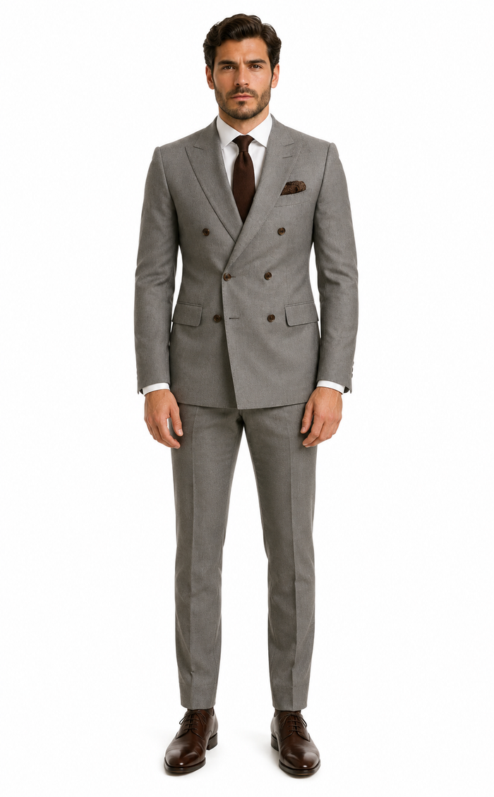 Double Breasted Slim Fit Suit - Dark Gray Suit - Tapred Fit Pants