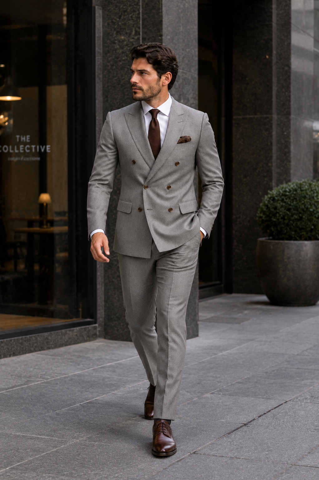 Double Breasted Slim Fit Suit - Dark Gray Suit - Tapred Fit Pants