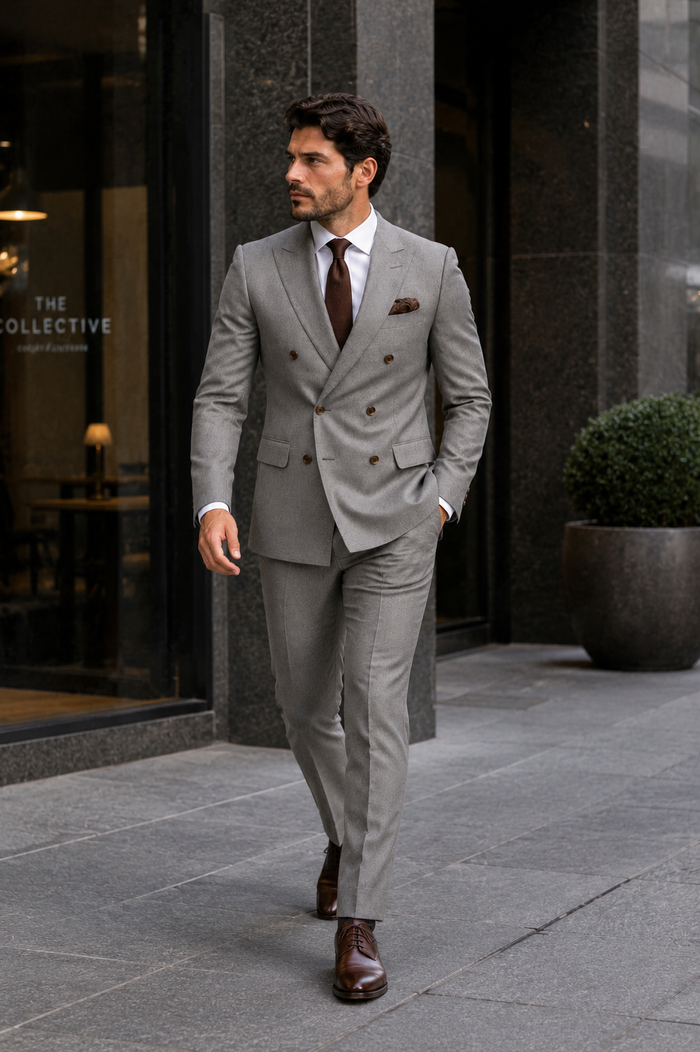 Double Breasted Slim Fit Suit - Dark Gray Suit - Tapred Fit Pants