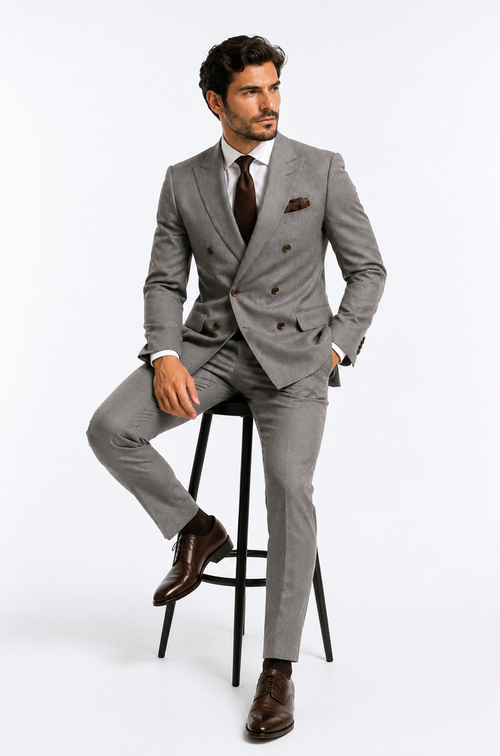 Double Breasted Slim Fit Suit - Dark Gray Suit - Tapred Fit Pants