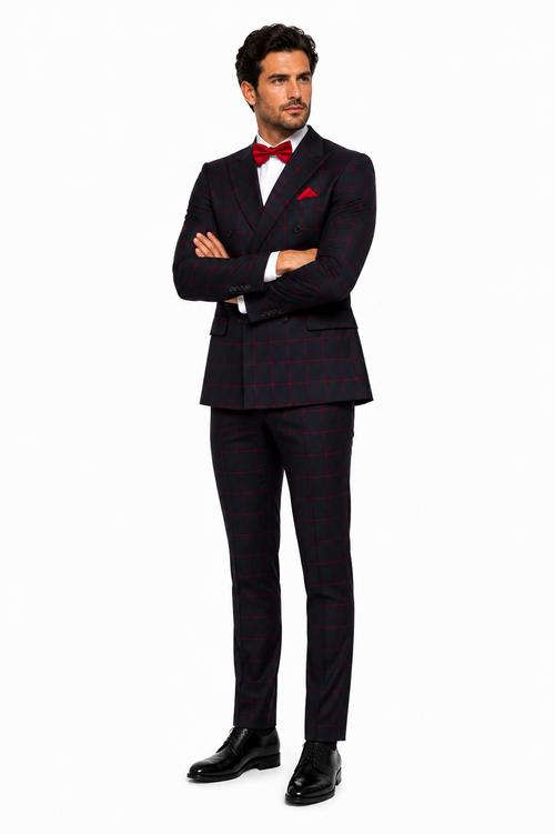 Double Breasted Suit in Black and Red Plaid Window Pane Suit - Gangster Suit 1920s Suit