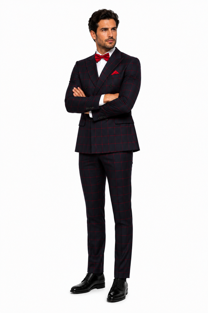 Double Breasted Suit in Black and Red Plaid Window Pane Suit - Gangster Suit 1920s Suit