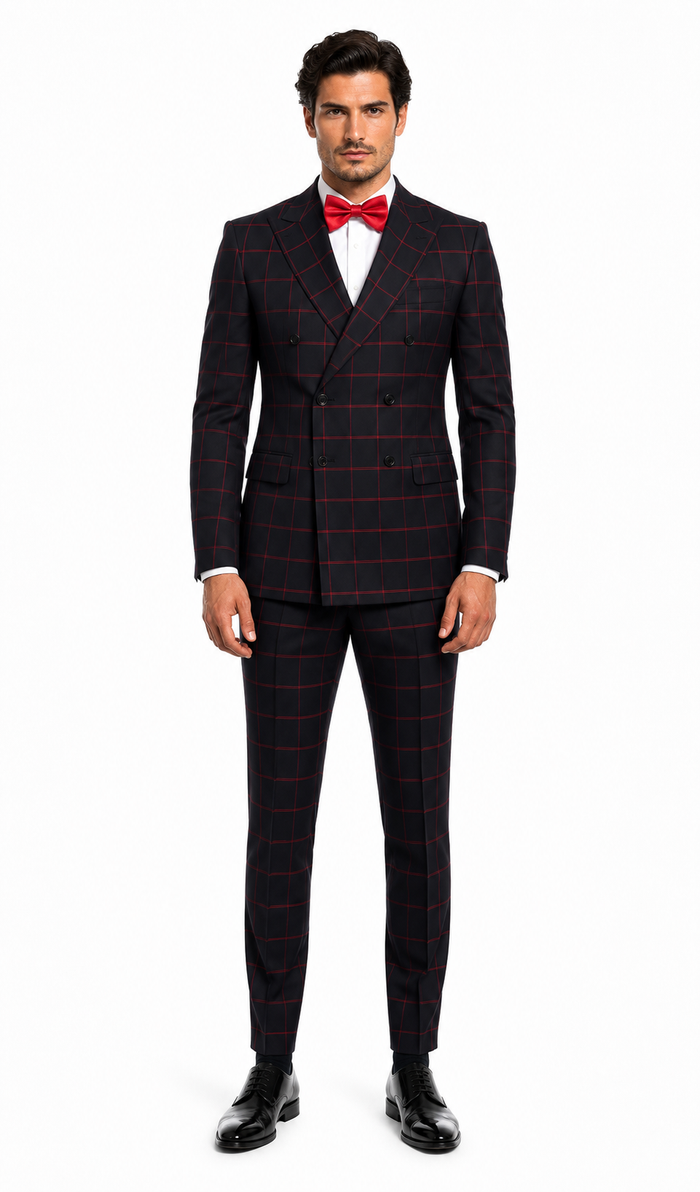 Double Breasted Suit in Black and Red Plaid Window Pane Suit - Gangster Suit 1920s Suit