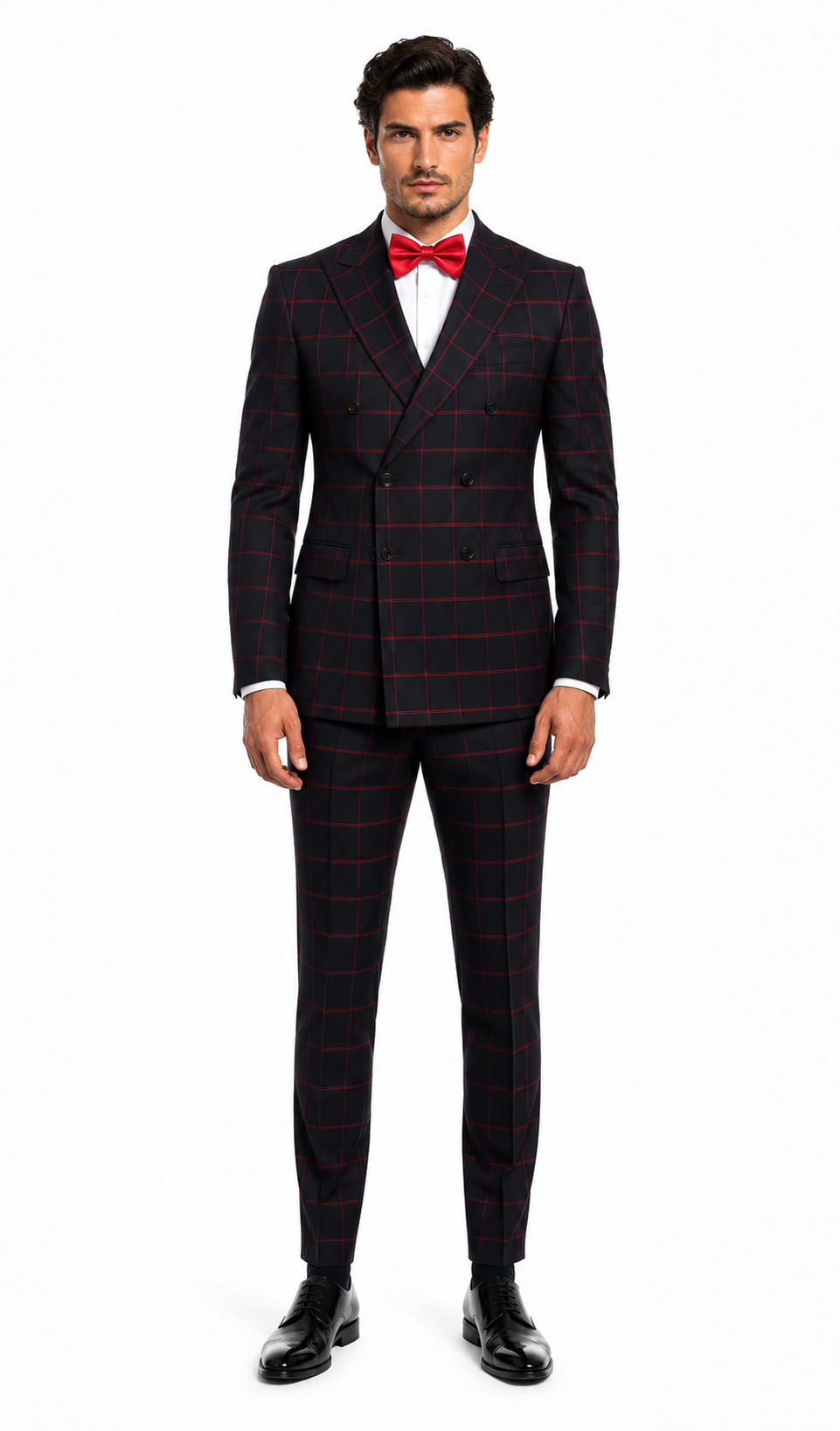 Double Breasted Suit in Black and Red Plaid Window Pane Suit - Gangster Suit 1920s Suit