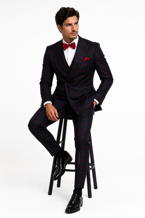 Double Breasted Suit in Black and Red Plaid Window Pane Suit - Gangster Suit 1920s Suit