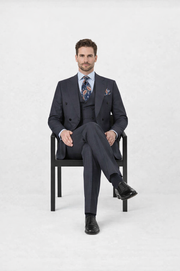 Double Breasted Suits - Vested Suits Wool Fabric - Apolo King Brand - Gray Plaid Suit-New Designer Collection
