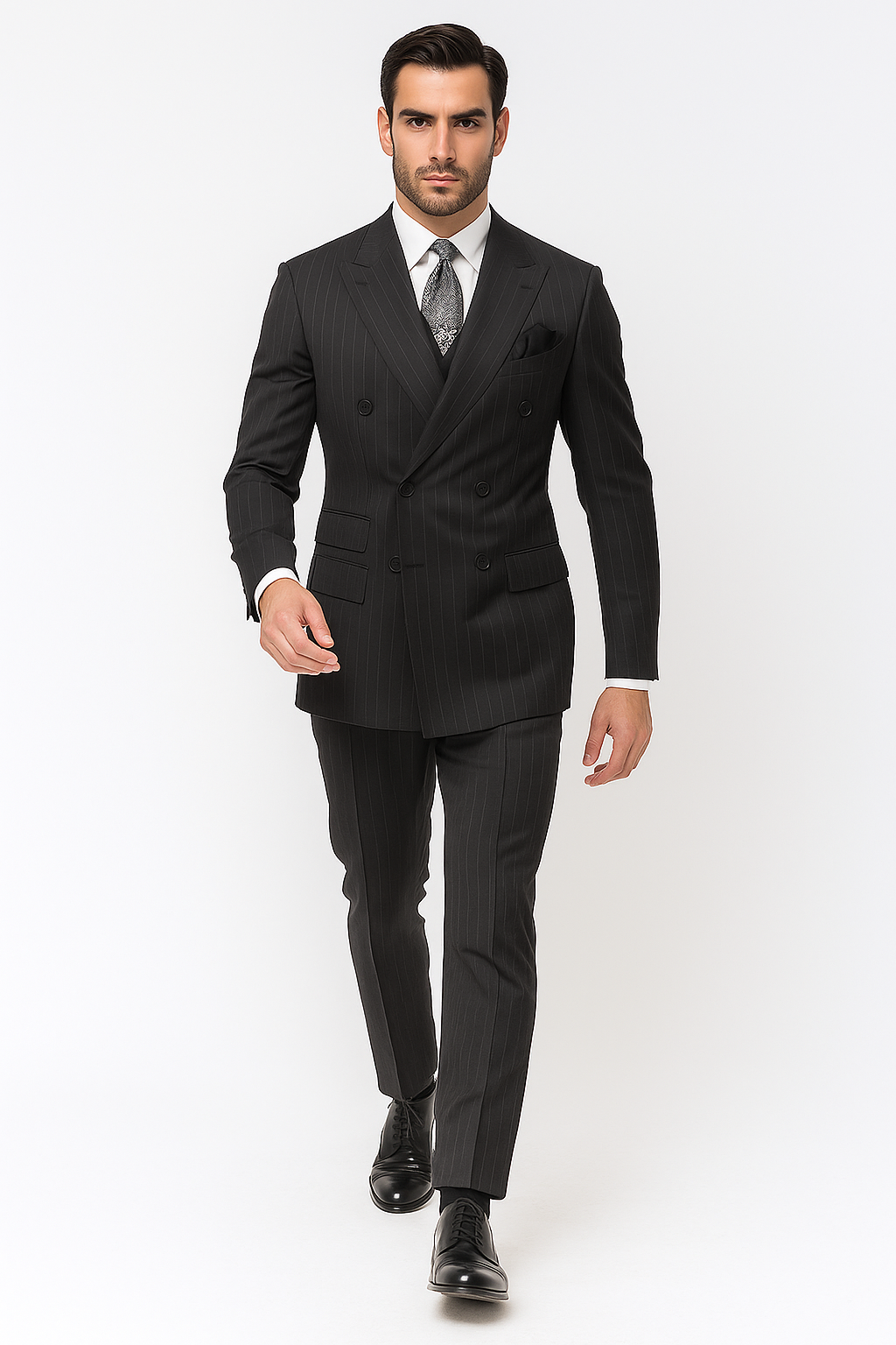 Double Breasted Suits - Vested Suits Wool Fabric - Apolo King Brand - Gray Stripe Suit - New Arrival - Coat Size 38