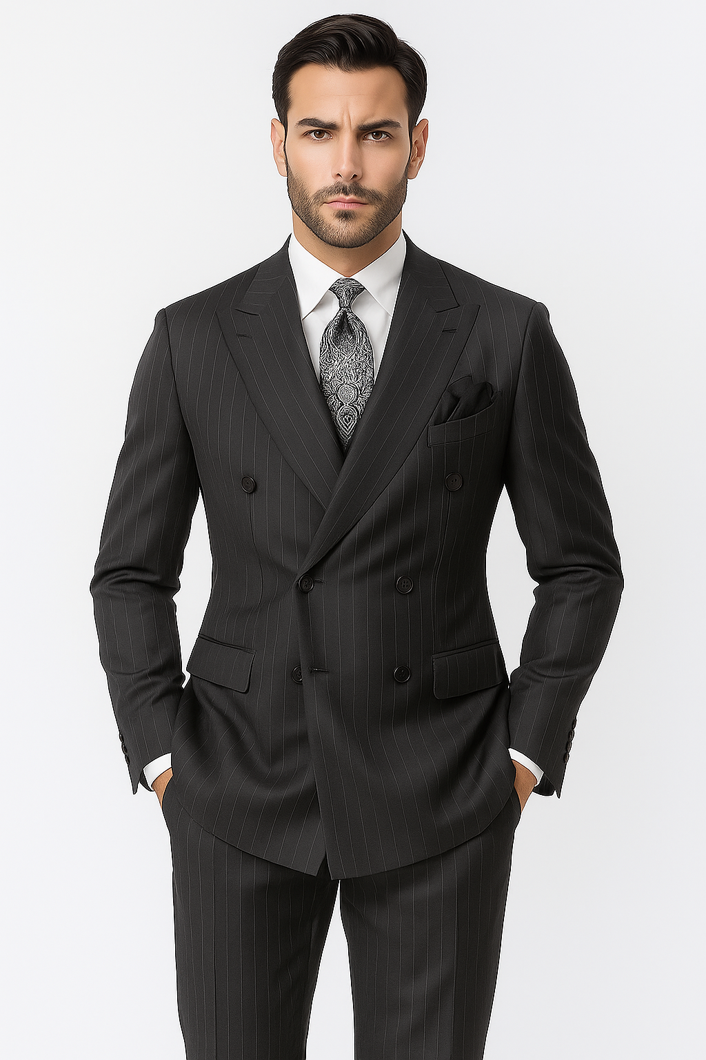 Double Breasted Suits - Vested Suits Wool Fabric - Apolo King Brand - Gray Stripe Suit - New Arrival - Coat Size 38
