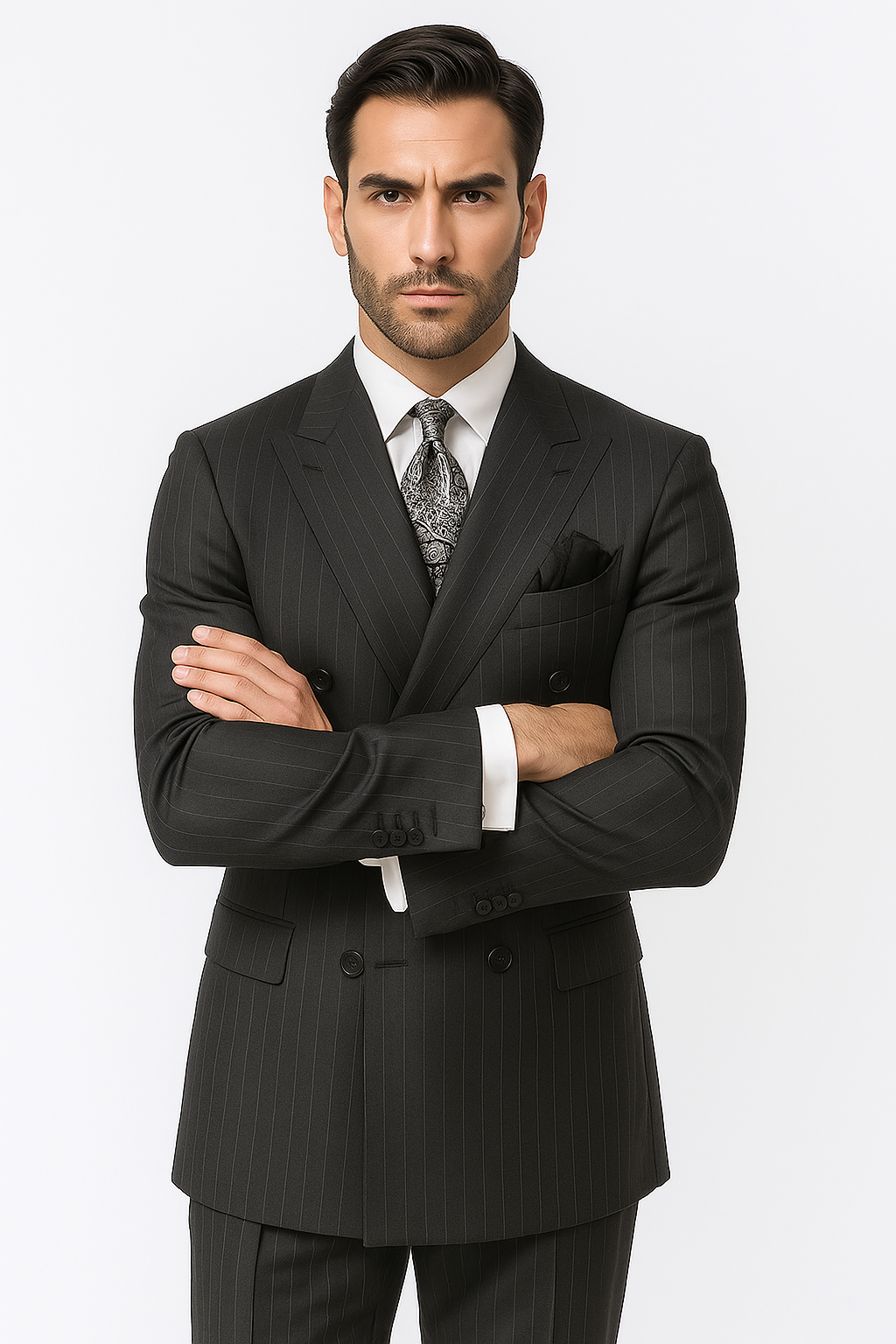 Double Breasted Suits - Vested Suits Wool Fabric - Apolo King Brand - Gray Stripe Suit - New Arrival - Coat Size 38
