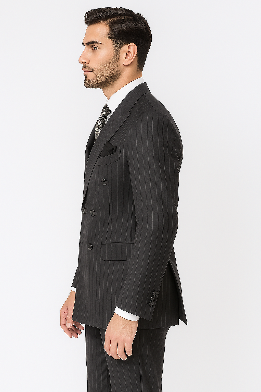 Double Breasted Suits - Vested Suits Wool Fabric - Apolo King Brand - Gray Stripe Suit - New Arrival - Coat Size 38