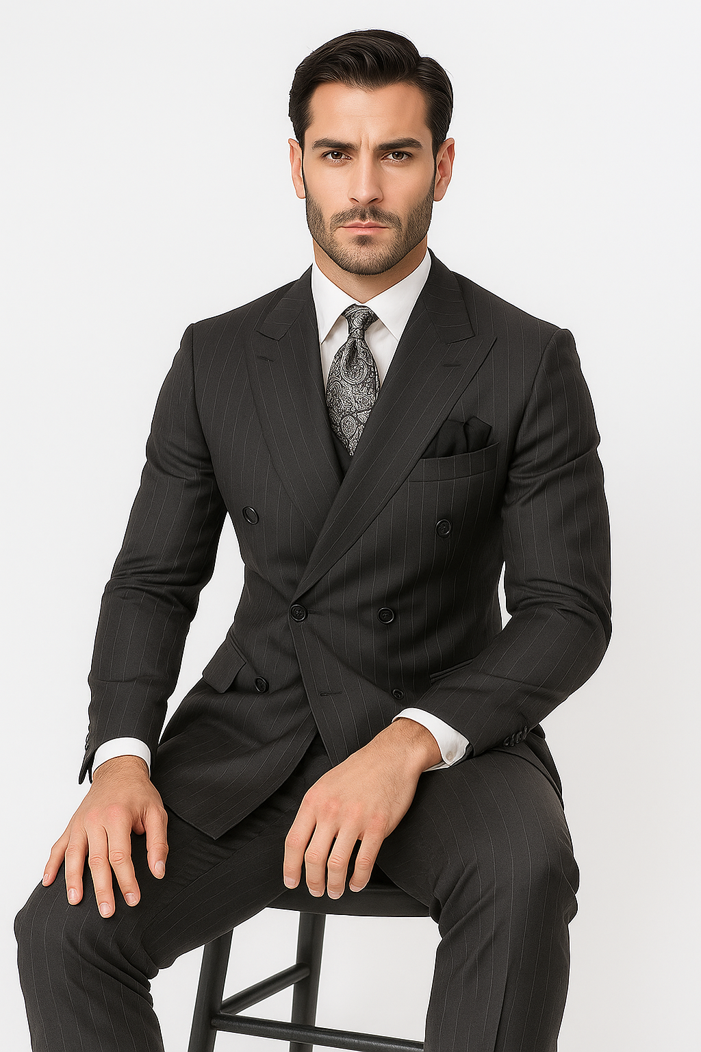Double Breasted Suits - Vested Suits Wool Fabric - Apolo King Brand - Gray Stripe Suit - New Arrival - Coat Size 38