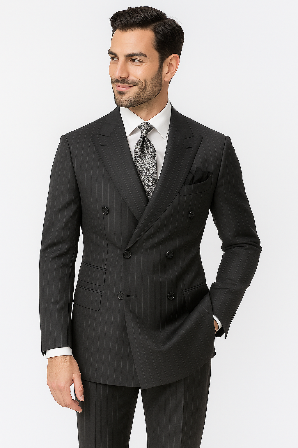 Double Breasted Suits - Vested Suits Wool Fabric - Apolo King Brand - Gray Stripe Suit - New Arrival - Coat Size 38