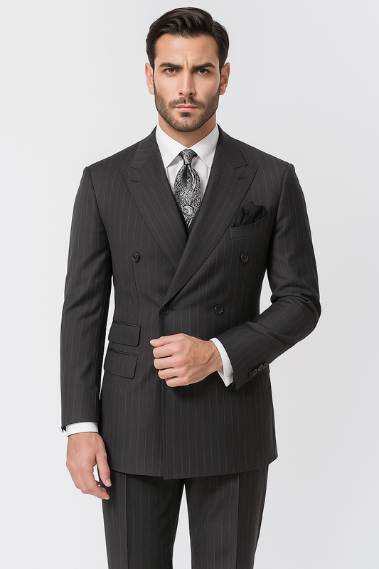 Double Breasted Suits - Vested Suits Wool Fabric - Apolo King Brand - Gray Stripe Suit - New Arrival