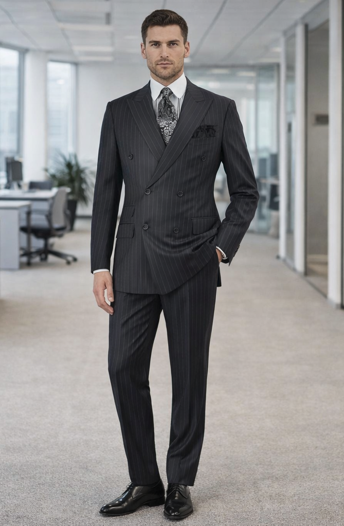 Double Breasted Suits - Vested Suits Wool Fabric - Apolo King Brand - Gray Stripe Suit - 34 Short or Extra Small