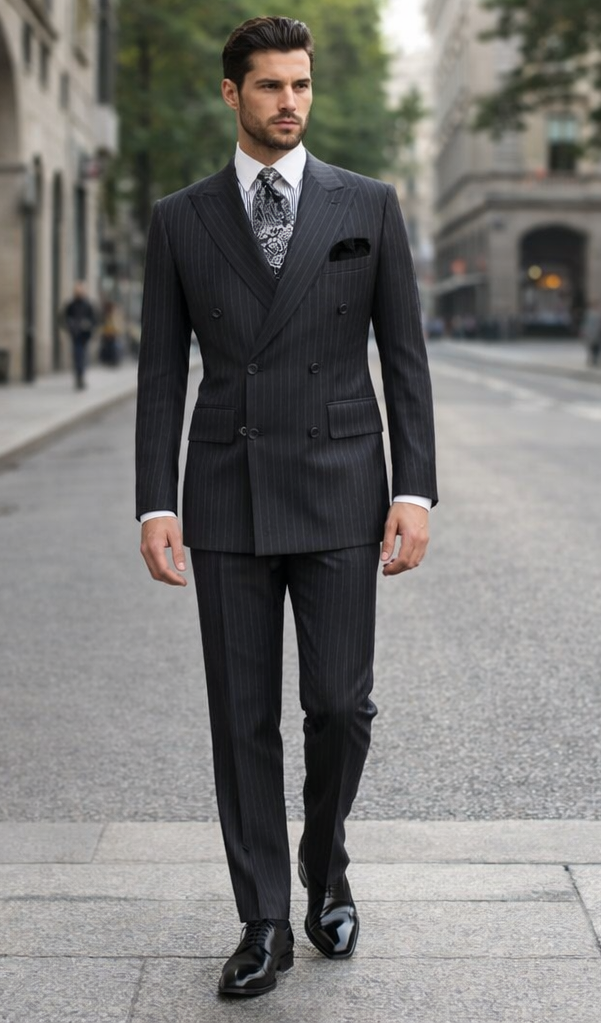 Double Breasted Suits - Vested Suits Wool Fabric - Apolo King Brand - Gray Stripe Suit - 34 Short or Extra Small
