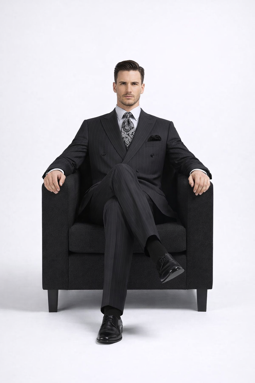 Double Breasted Suits - Vested Suits Wool Fabric - Apolo King Brand - Gray Stripe Suit