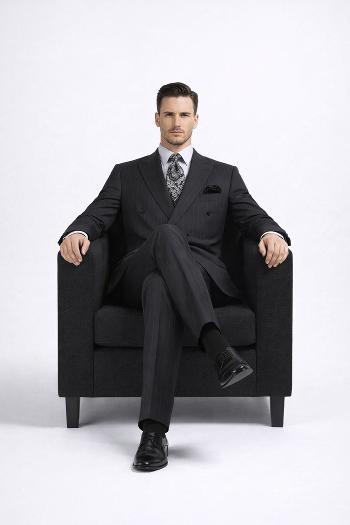 Double Breasted Suits - Vested Suits Wool Fabric - Apolo King Brand - Gray Stripe Suit