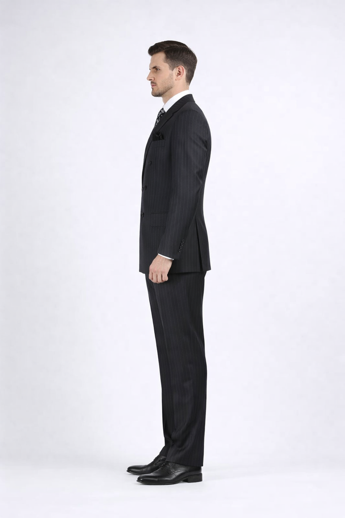 Double Breasted Suits - Vested Suits Wool Fabric - Apolo King Brand - Gray Stripe Suit