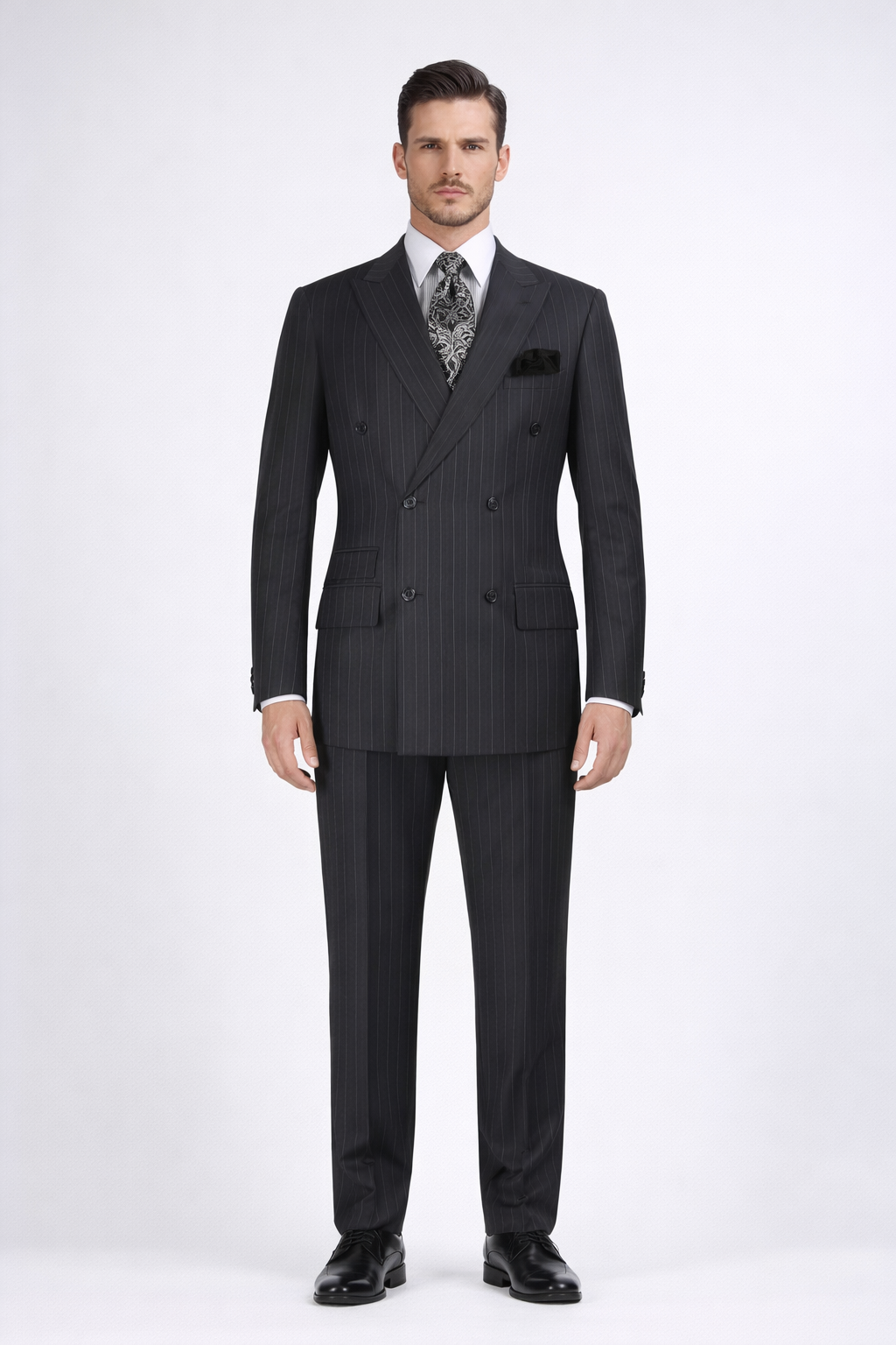 Double Breasted Suits - Vested Suits Wool Fabric - Apolo King Brand - Gray Stripe Suit - 34 Short or Extra Small