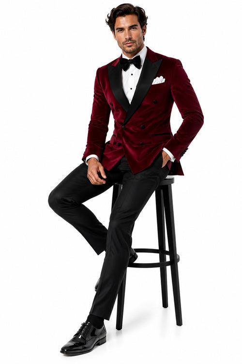 Double Breasted Tuxedo - Velvet Tuxedo Dinner Jacket Burgundy