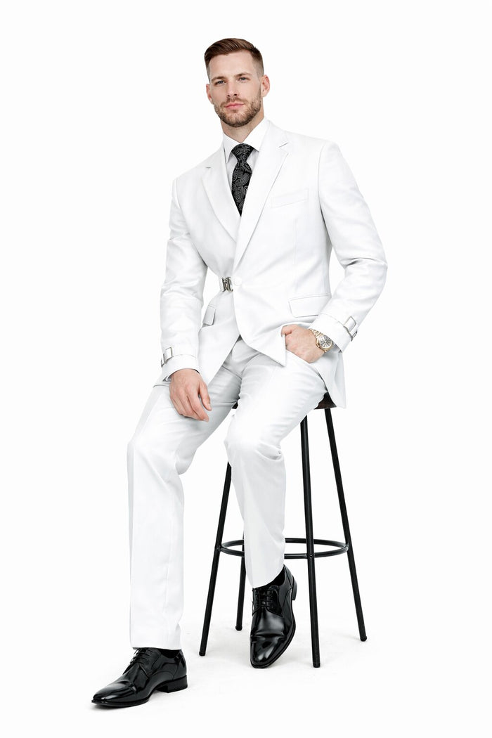 Mens White Double Breasted Wool Suit with Designer Tailored Formal Set Metal Buckle Closure