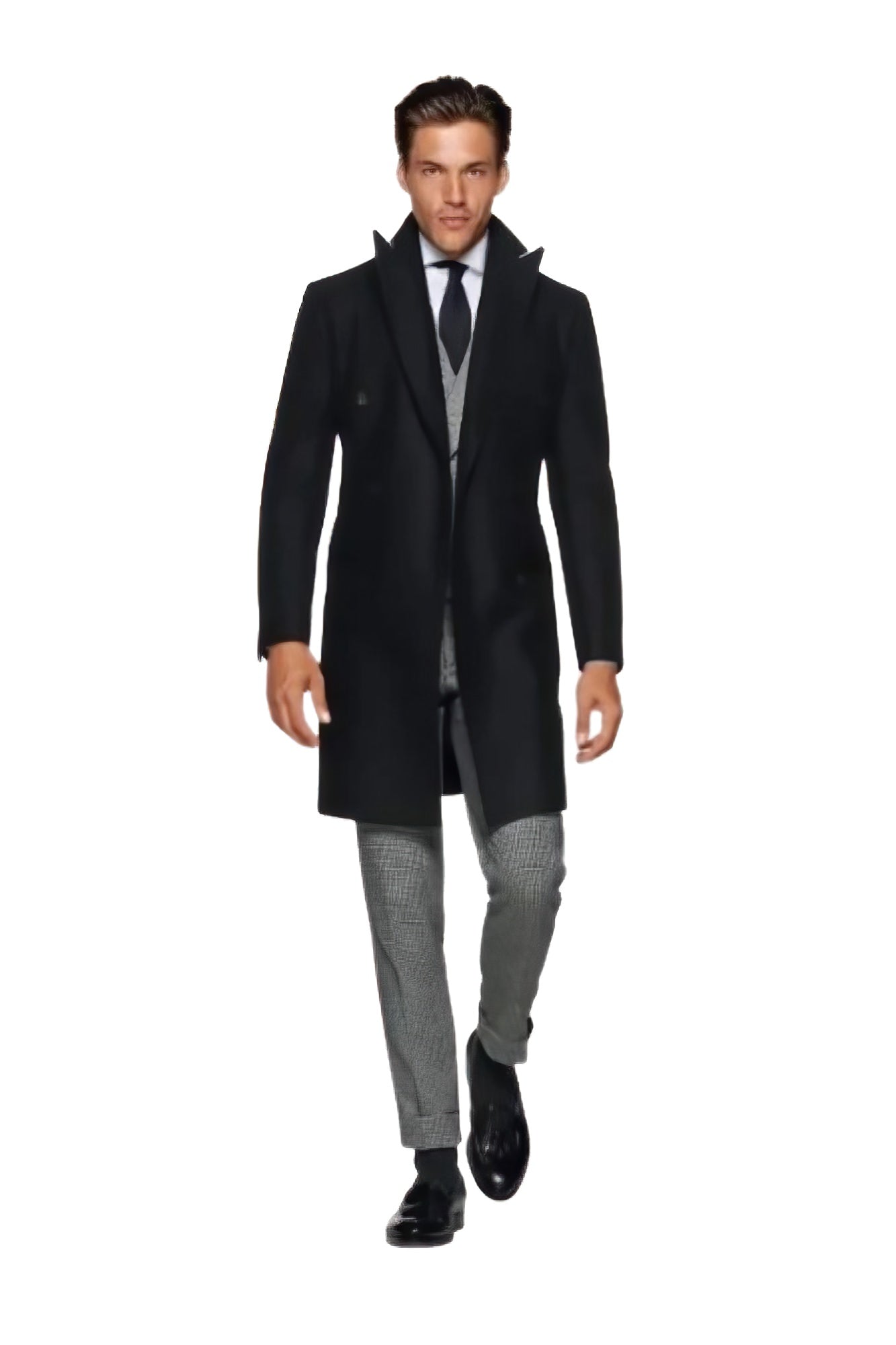 Double Breasted Wool Overcoat - Black 3/4 Length Car Coat