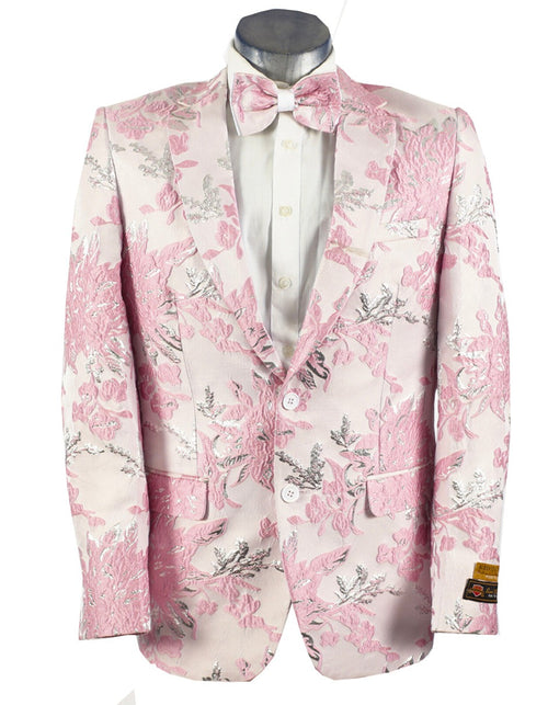 Light Pink Suit For Mens 2 Button Pink, Silver, & White Floral Paisley Prom 2026 and Wedding Tuxedo Blazer