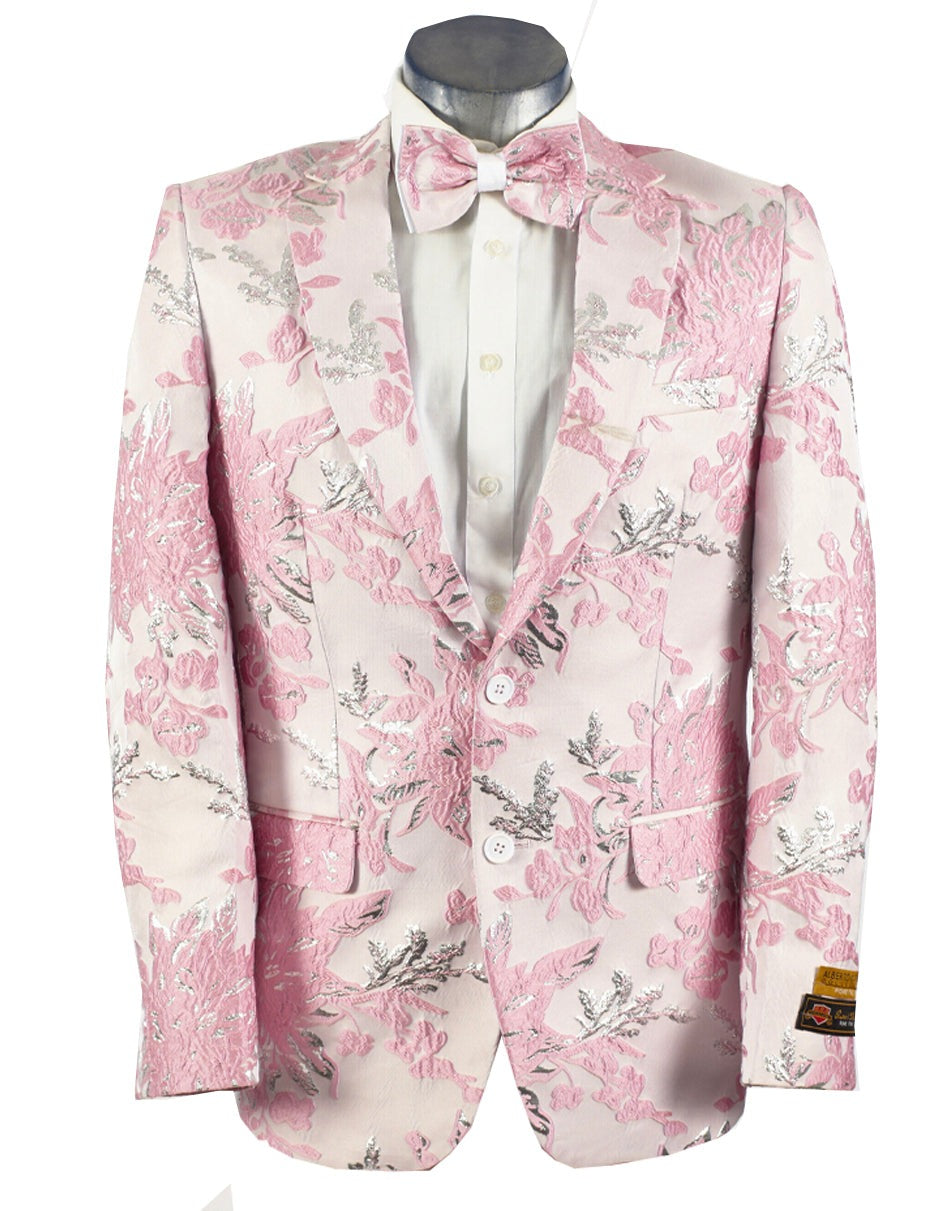 Light Pink Suit For Mens 2 Button Pink, Silver, & White Floral Paisley Prom and Wedding Tuxedo Blazer