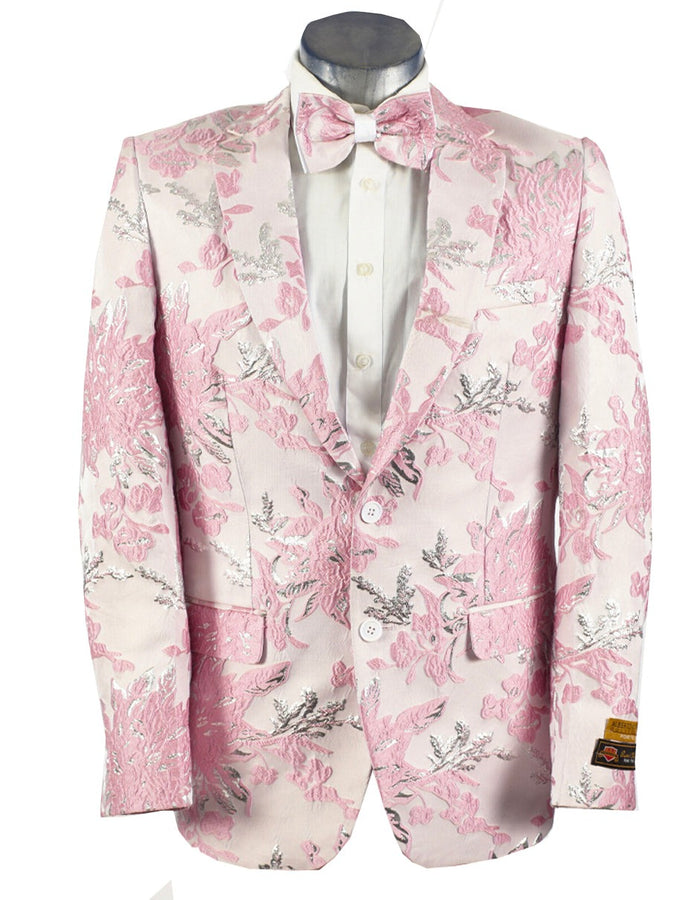 Light Pink Suit For Mens 2 Button Pink, Silver, & White Floral Paisley Prom 2026 and Wedding Tuxedo Blazer