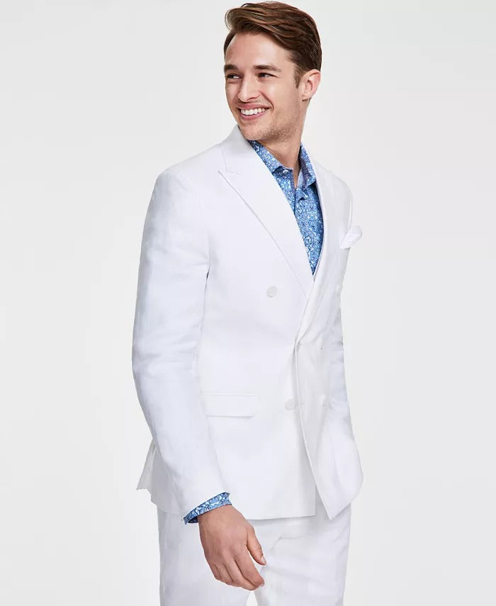 Men's Slim-Fit Stretch Solid Linen Double-Breasted white Suit Separate Jacket, Created for Macy's - 34 Short