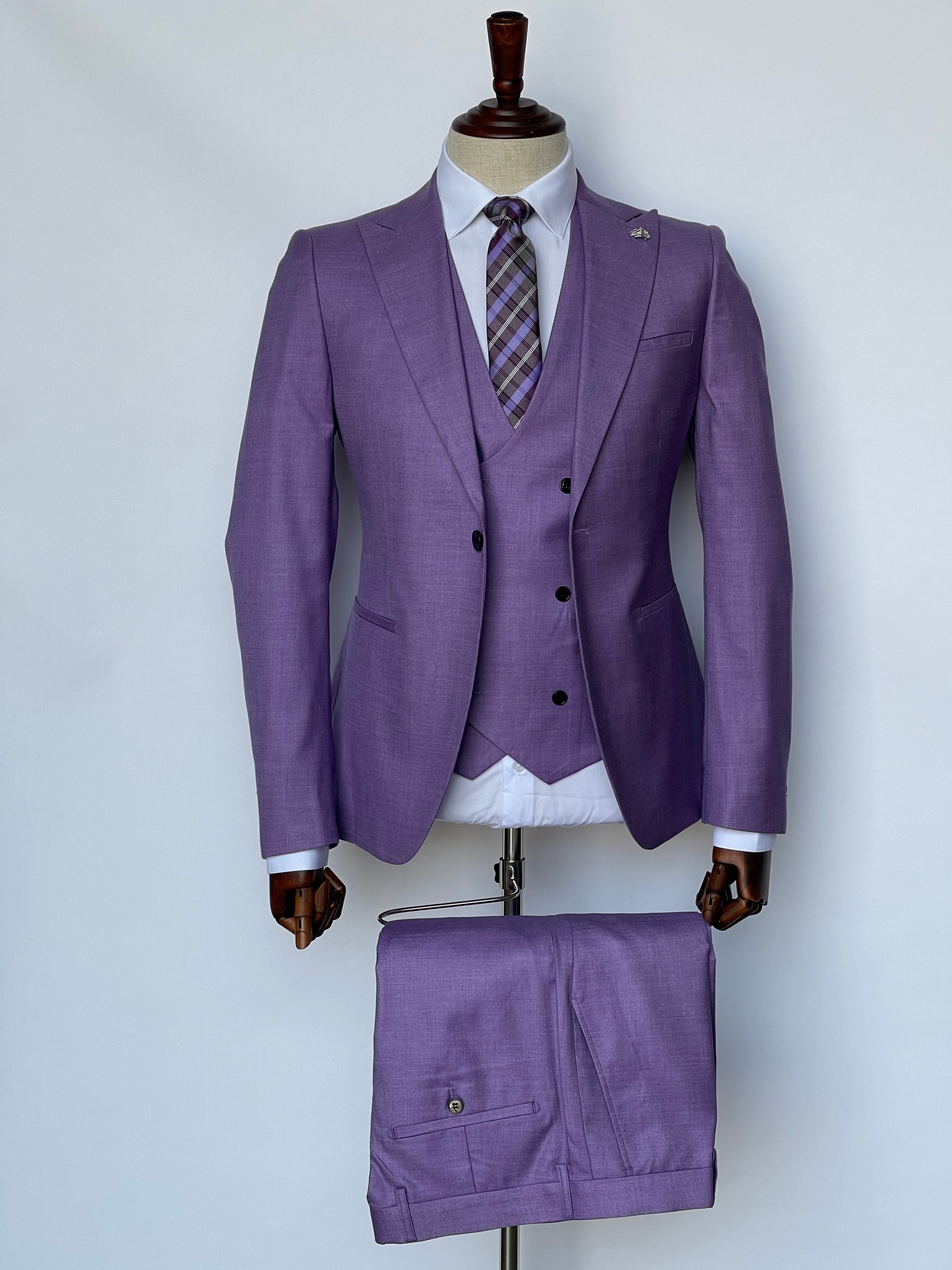 Giovanni Testi Suits With Double Breasted Vest - 3 Pieces  Peak Lapel  in Purple