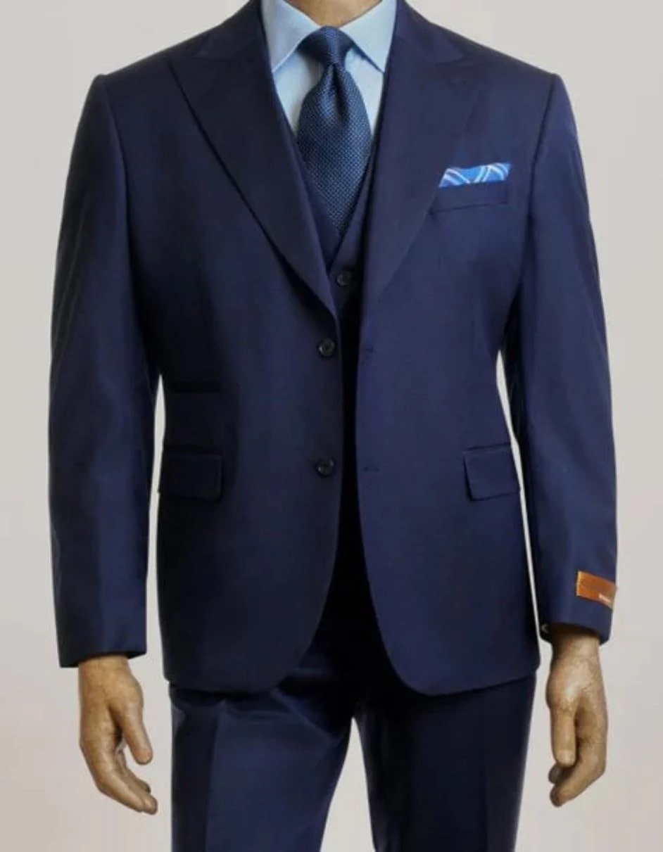 Steve Harvey Suit - Peak Lapel Modern Fit - No Pleated Pants Designer Brand Navy 3 Piece Vested Chest Pocket Suit - Coat Size 38