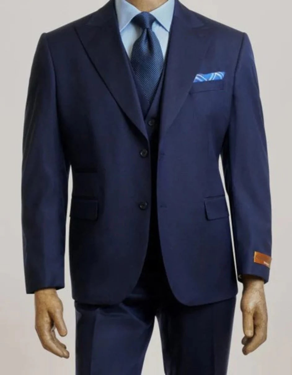 Steve Harvey Suit - Peak Lapel Modern Fit - No Pleated Pants Designer Brand Navy 3 Piece Vested Chest Pocket Suit